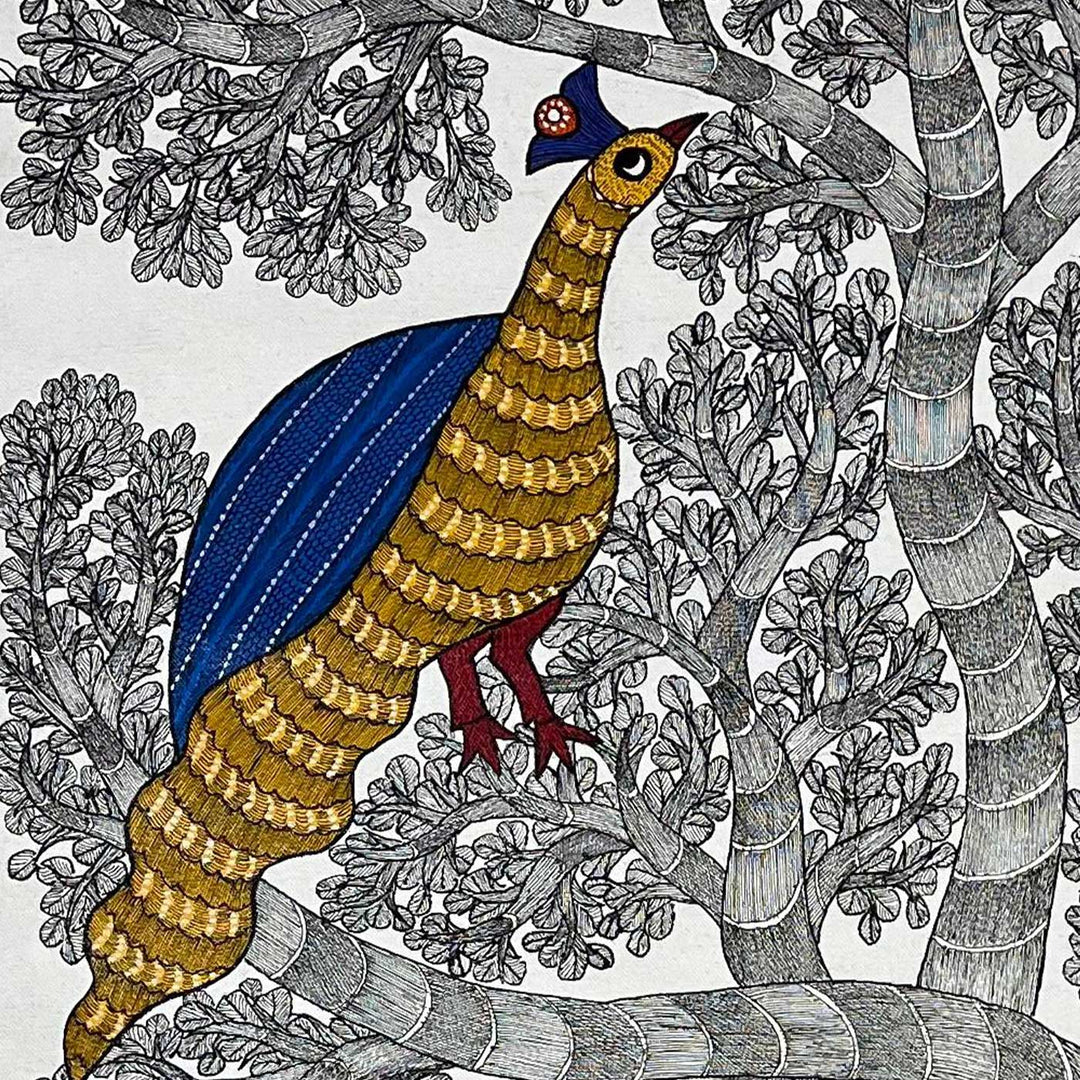 15 x 22 Inch | Peacock, Birds & Deers | Original Hand Painted Tribal Gond Art Painting | Acrylic Paints On Canvas