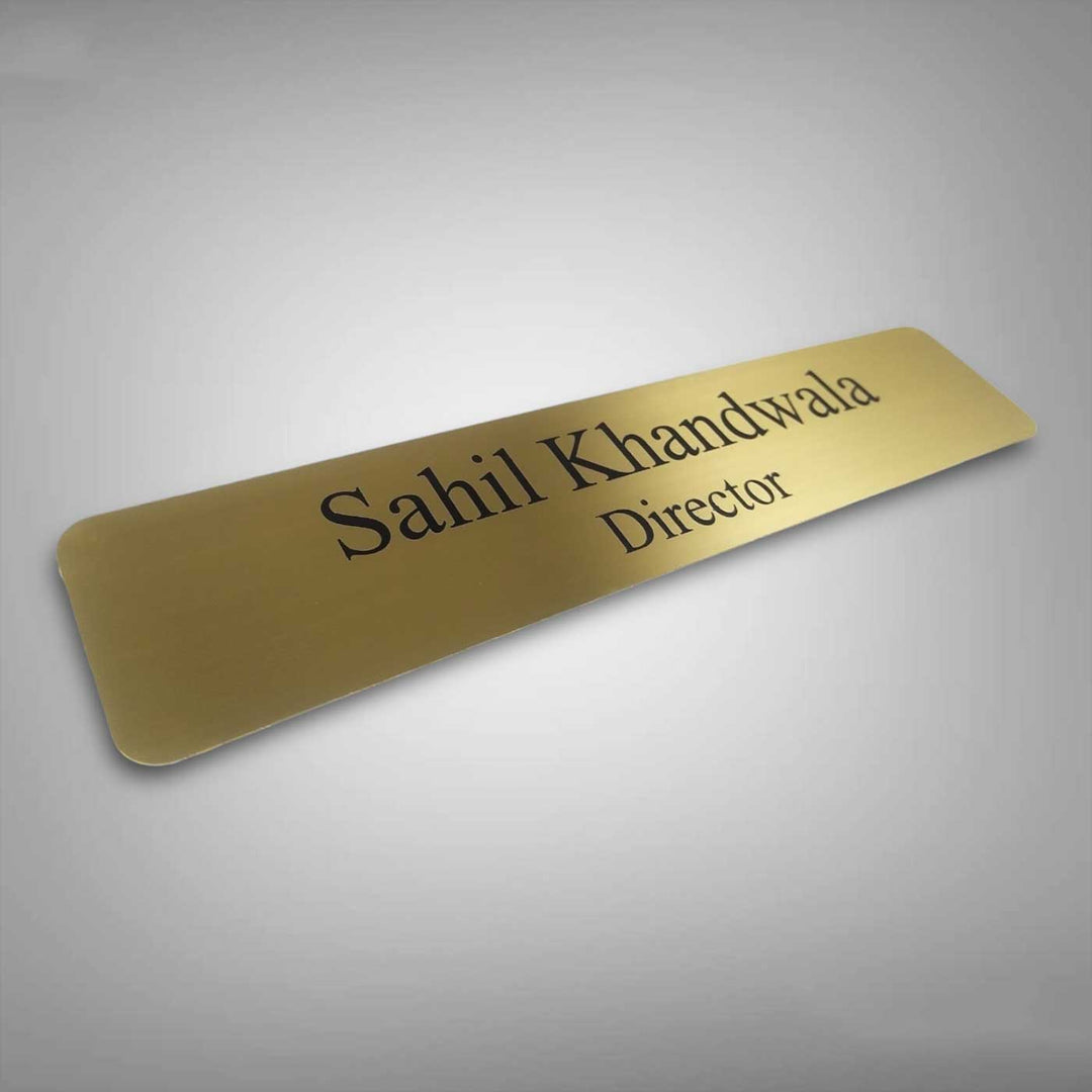 Personalized Weatherproof Sleek Gold Stainless Steel Name Plate - Angled Top View with Personalization