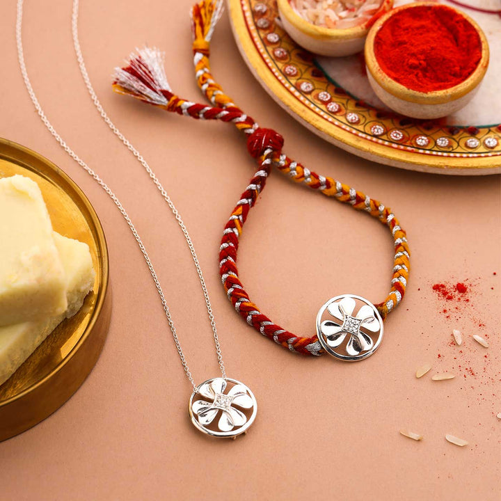 Handmade Clover Leaf Design Silver Rakhi For Brother - Necklace and Rakhi with Decorations