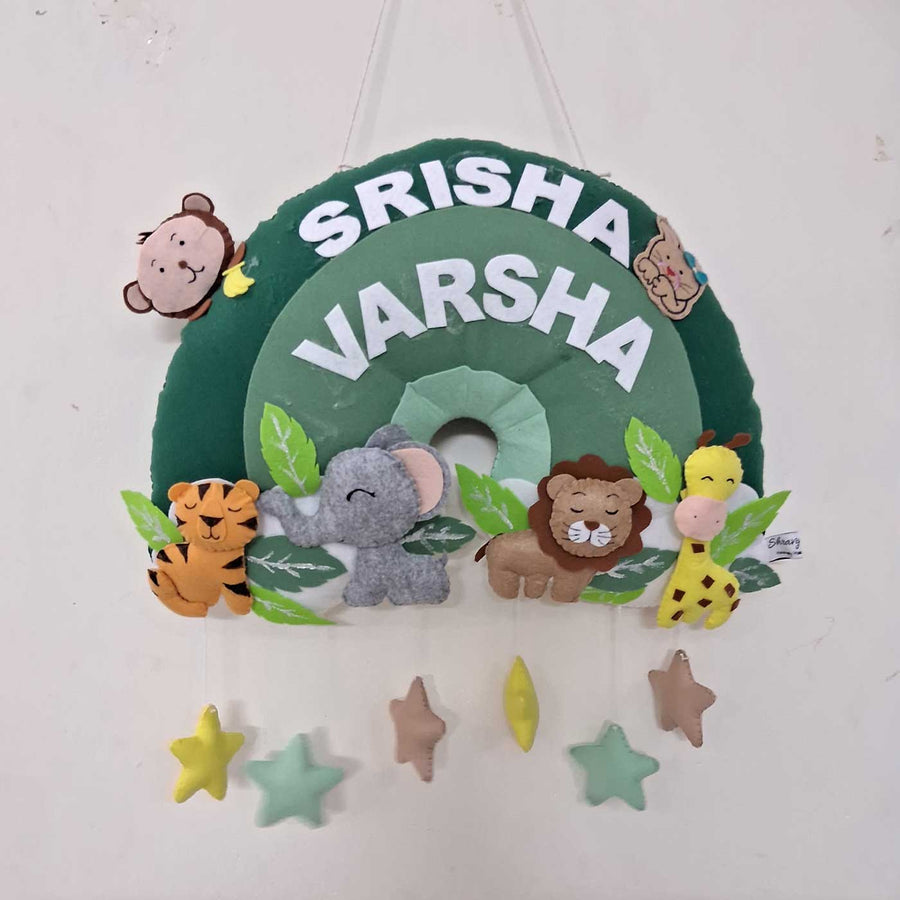 Personalized Safari Animals Themed Half Round Felt Kids Name Plate For Kids - Hanging Name Personalization Display