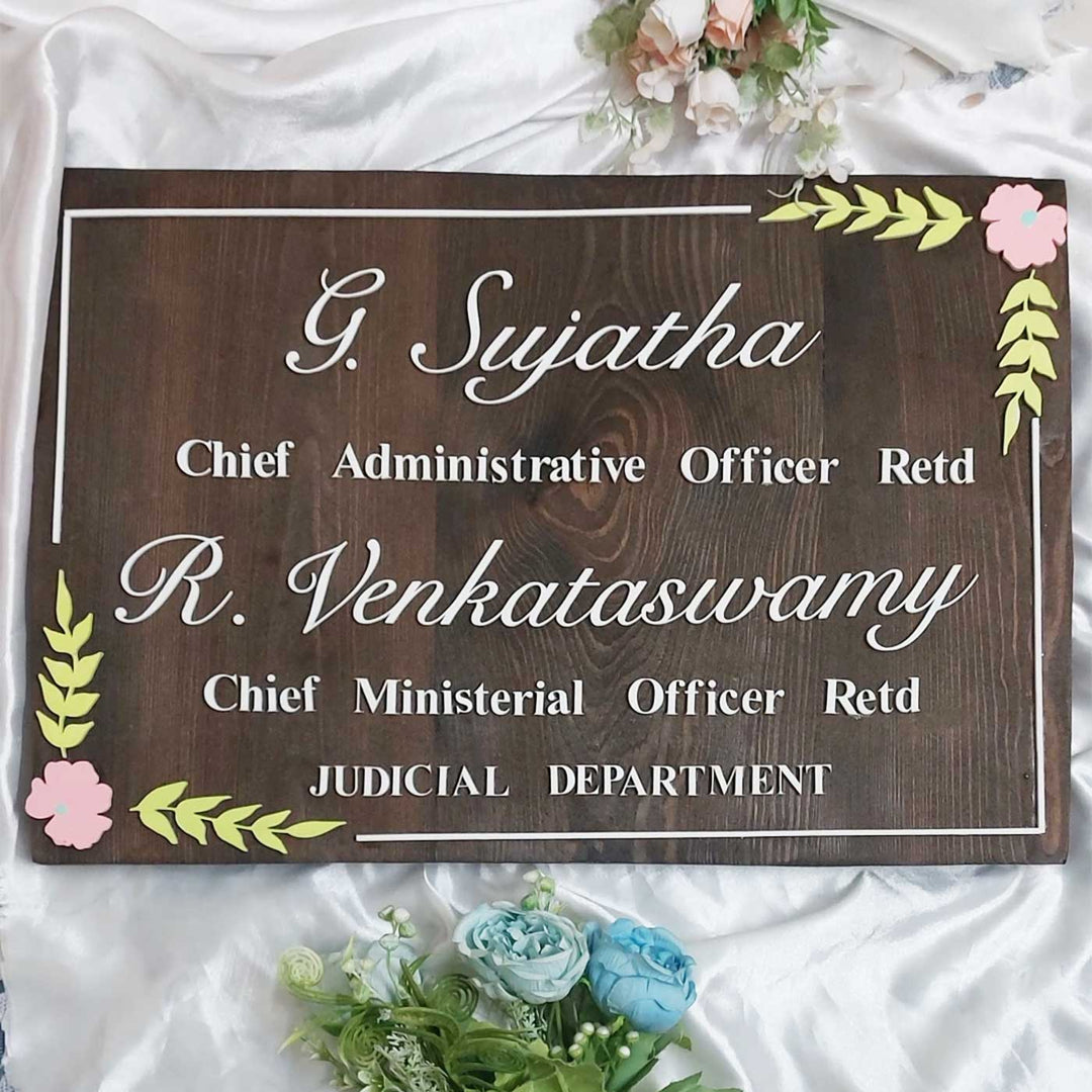 Personalized Profession Pine Wood Name Plate - Front View on Fabric Background