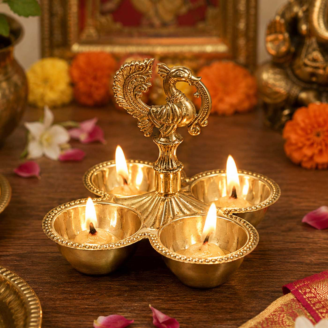 4-Wick Peacock Brass Oil Lamp With Stand For Festive Decor