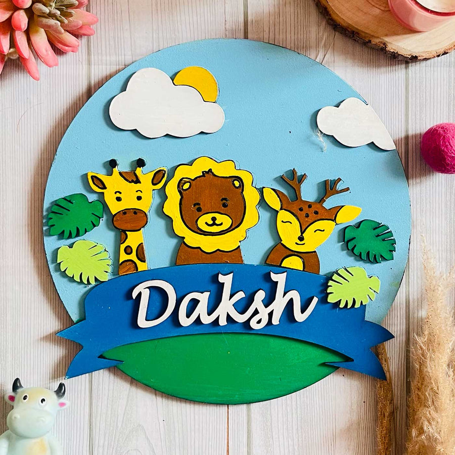 Personalized Hand Painted Jungle Themed Blue Color Mdf Wood Kids Name Plate - Front View with Name Personalization