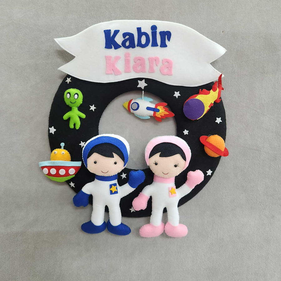 Personalized Astronaut Theme Felt Kids Name Plate - Front View with Name Personalization