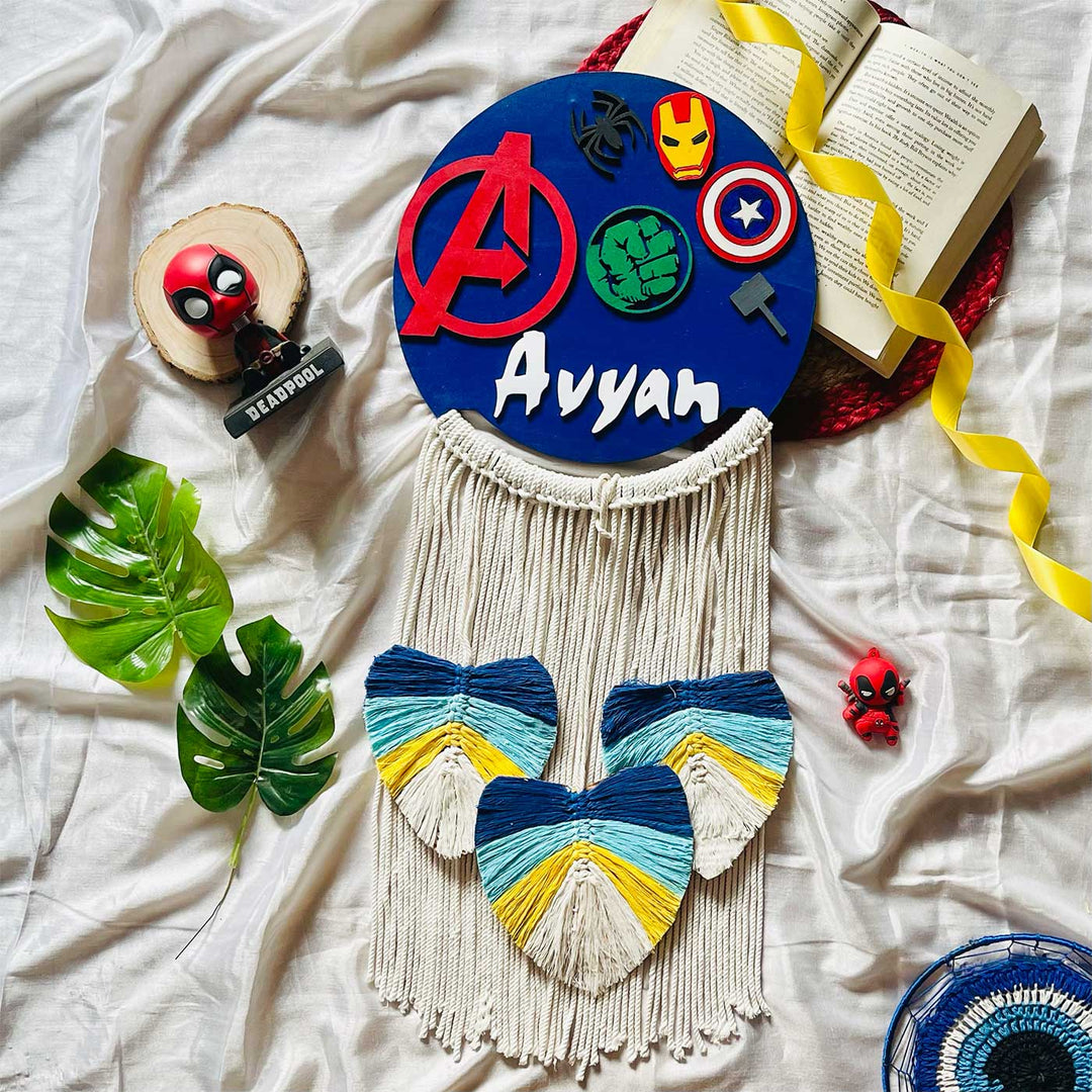 Personalized Hand Painted Superhero Themed With Tassels Mdf Wood Kids Name Plate - Personalized Name Display with Decor
