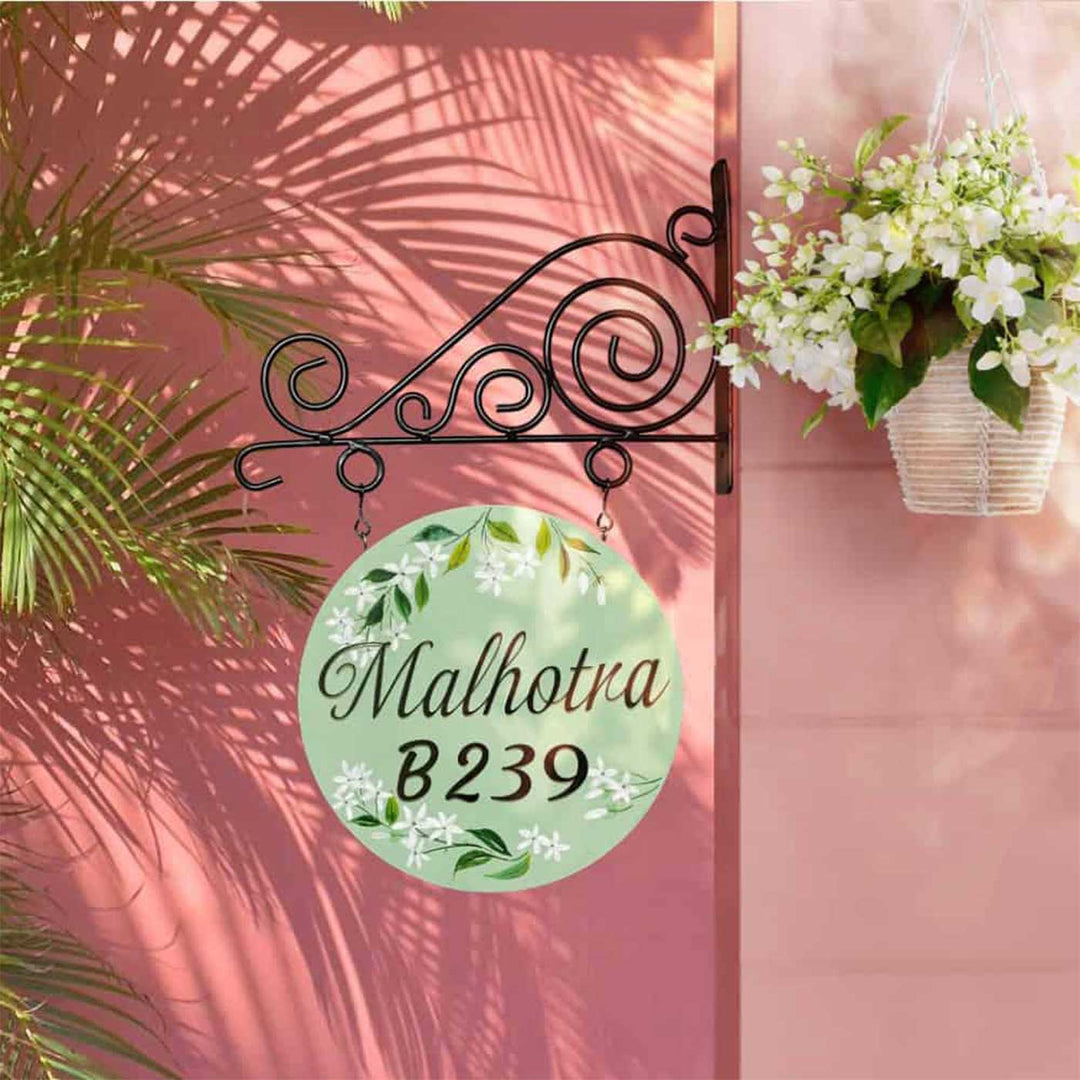 Personalized Hand Painted Green White Flower Wood And Metal Name Plate - Hanging on Decorative Wall Bracket