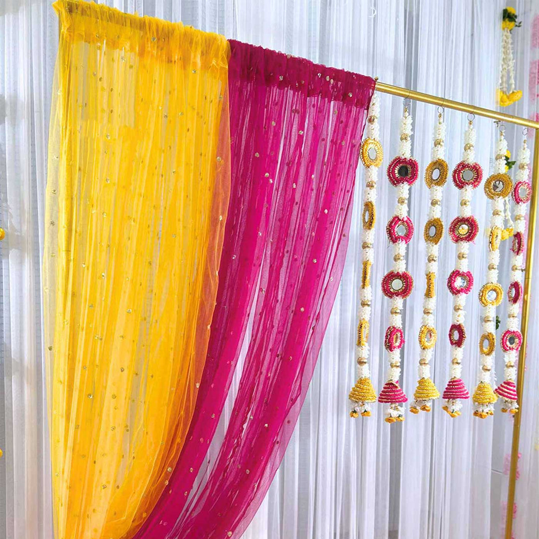 Festive Glam Pink & Yellow Sheer Drape Backdrop Decor Kit With Mirror Cone Tassels