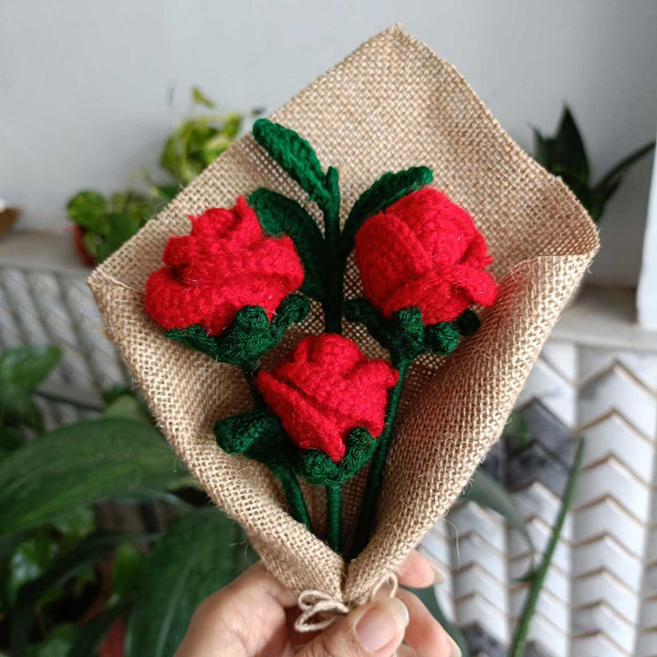 Handmade Crochet Red Rose Bouquet | Set Of 3
