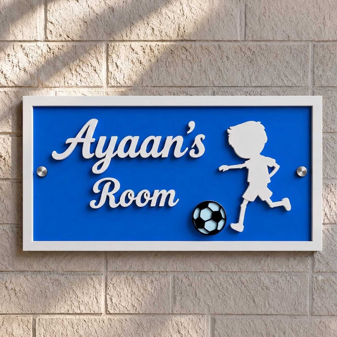 Football Theme Personalized Blue Rectangle Acrylic Name Plate For Kids