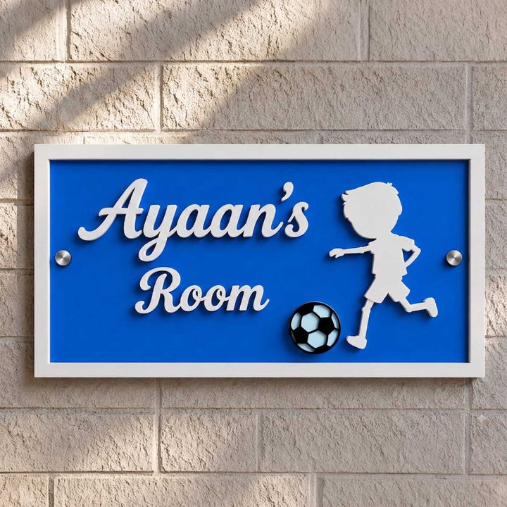 Football Theme Personalized Blue Rectangle Acrylic Name Plate For Kids
