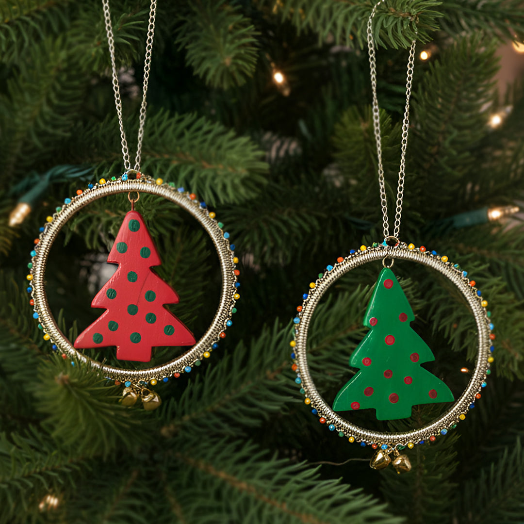 2 Pc | Handmade Beaded Red & Green Xmas Tree Ornaments For Christmas Decoration