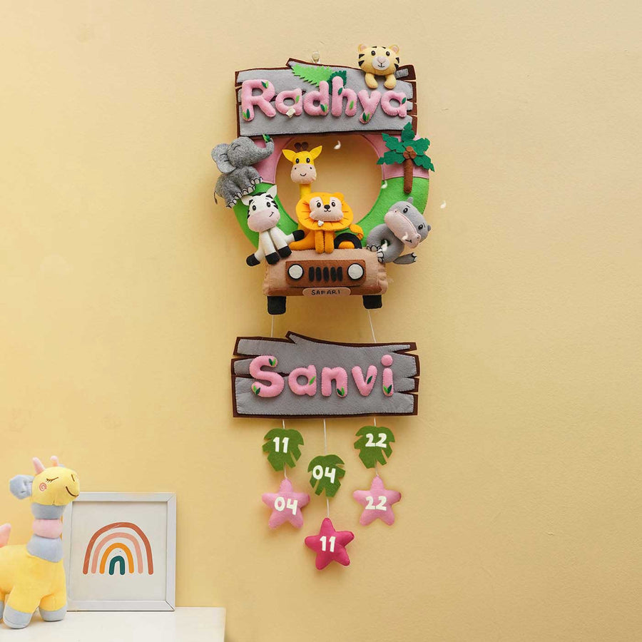 Personalized Jungle Safari Themed Round Felt Kids Nameplate Pink Copy - Hanging Name Personalization Display