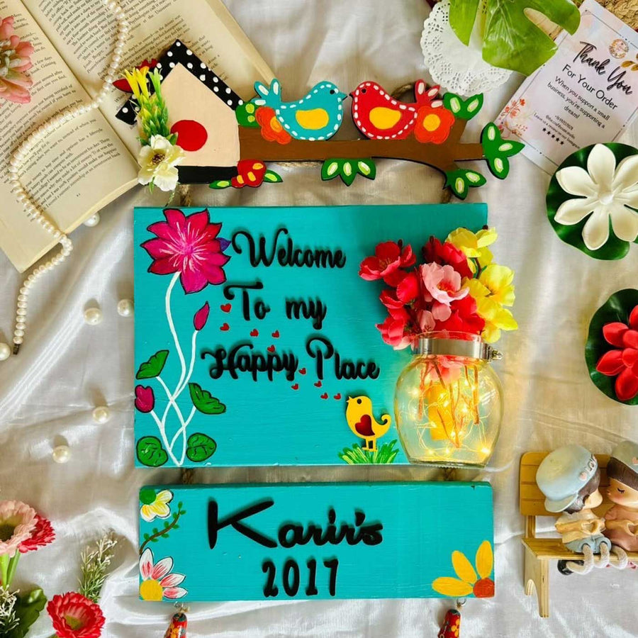 Personalized Birds Themed Teal Blue Planks Mdf Wood Name Plate - Laid Flat with Decorations