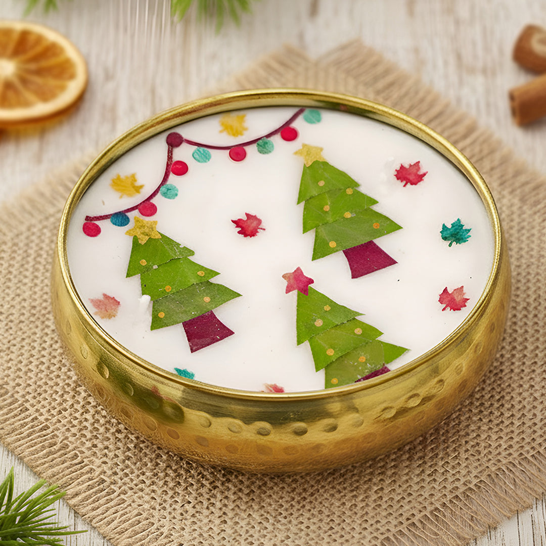 4 Inch | Handmade Pressed Flower Xmas Tree Theme Brass Christmas Candle | Packed in a Gift Box