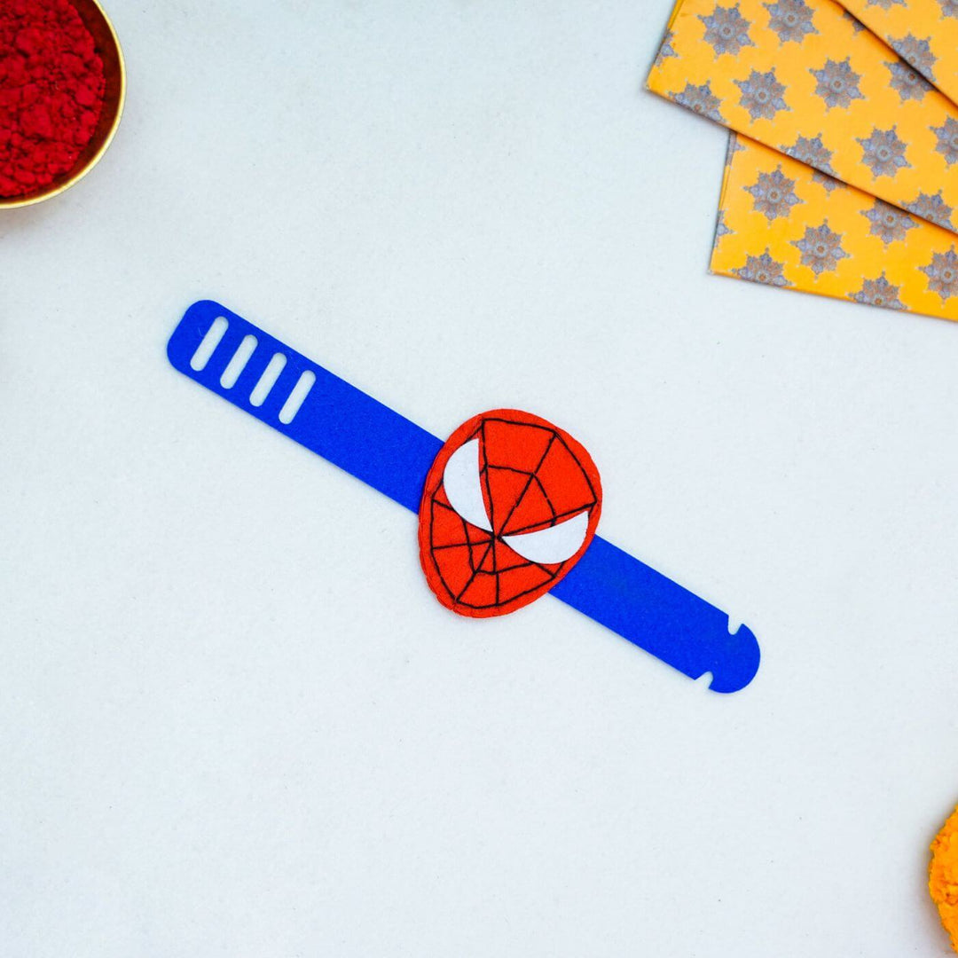 Kids Theme Felt Rakhi Band With Roli Chawal 4 - Full view of Spiderman wristband