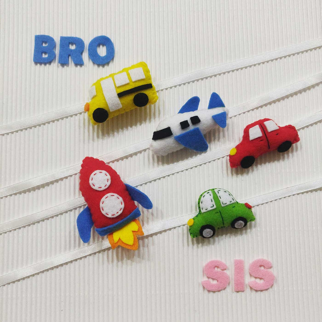 Handmade Plane Theme Felt Kids Rakhi With Roli Chawal - Multiple Vehicle Clips with "BRO" and "SIS"