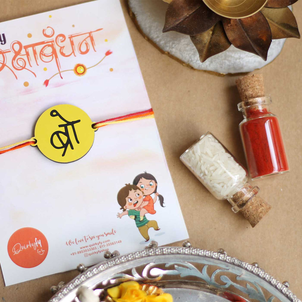 Handmade Bro Magnet Wooden Rakhi With Roli Chawal For Brother - Rakhi on Gift Card Arrangement