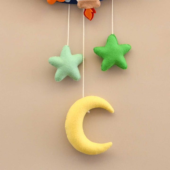 Personalized Space Voyager Theme Round Felt Kids Nameplate - Hanging Close-up Showing Hanging Strings