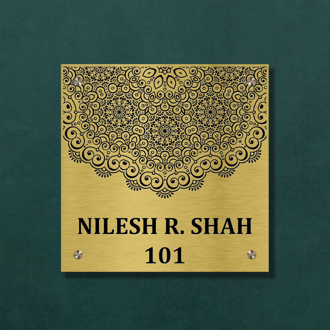Personalized Engraved Square Gold Stainless Steel Name Plate - Front View Mounted on Wall