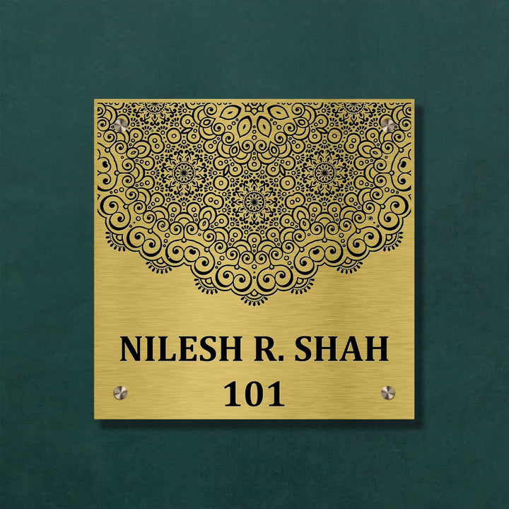 Personalized Engraved Square Gold Stainless Steel Name Plate - Front View Mounted on Wall