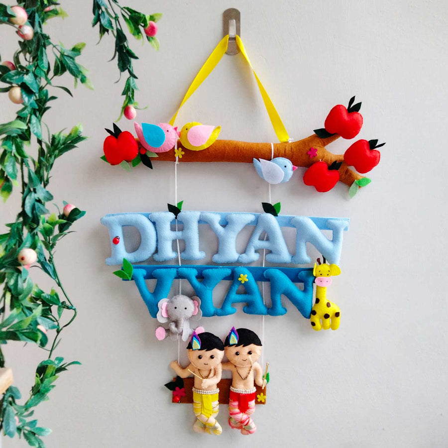 Personalized Krishna Theme Felt Kids Name Plate For Siblings - Hanging on Wall with Name Display