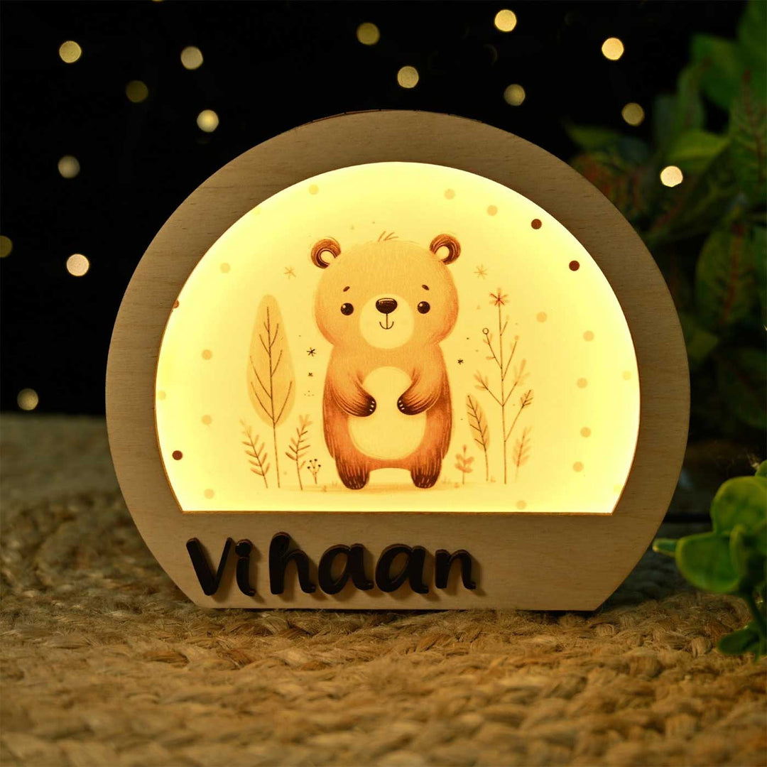 Personalized Bear Theme Wooden Table Lamp For Kids With 3D Letters