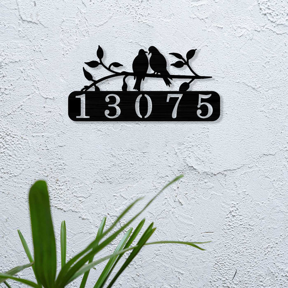 Personalized Laser Cut Birds Design Steel Name Plate - Mounted on White Exterior Wall