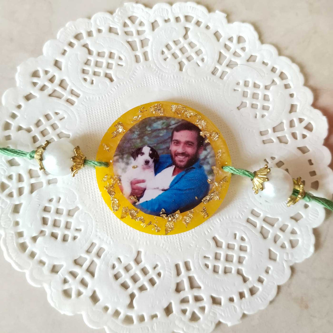Photo Personalized Pet Brother Design Resin Rakhi - Full Product View on Doily