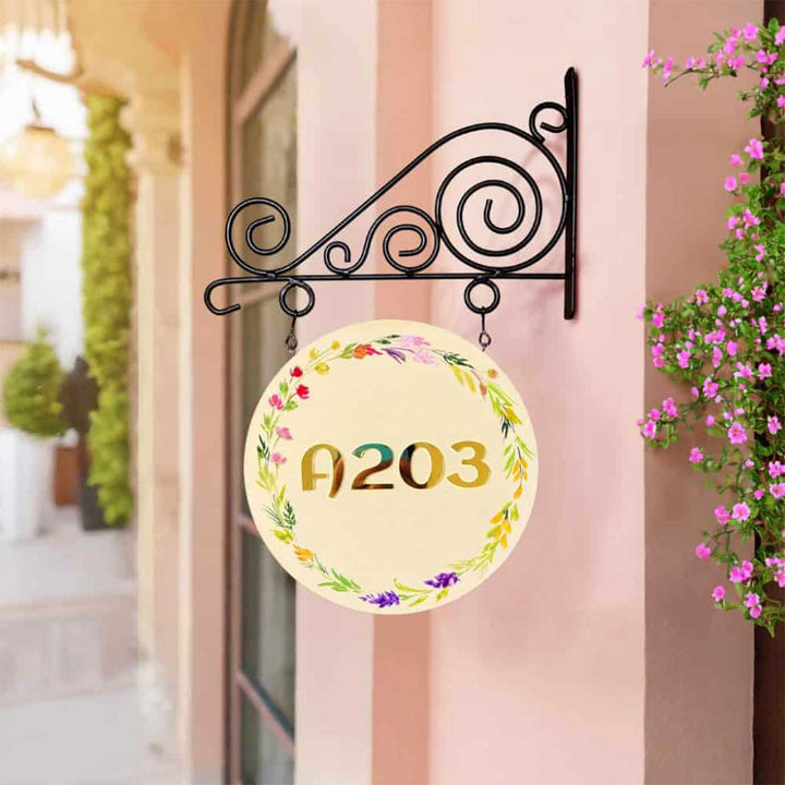 Personalized Hand Painted Floral Wood And Metal Name Plate - Mounted on Exterior Wall Bracket