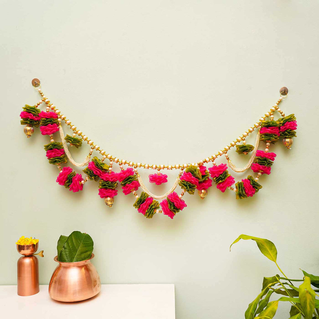 40 / 44 In | Handmade Pink & Green Tissue Flower Toran