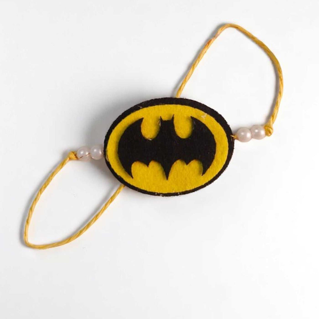 Handmade Beaded Batman Theme Pom Pom Felt Rakhi With Roli Chawal For Kids - Full View with Strings