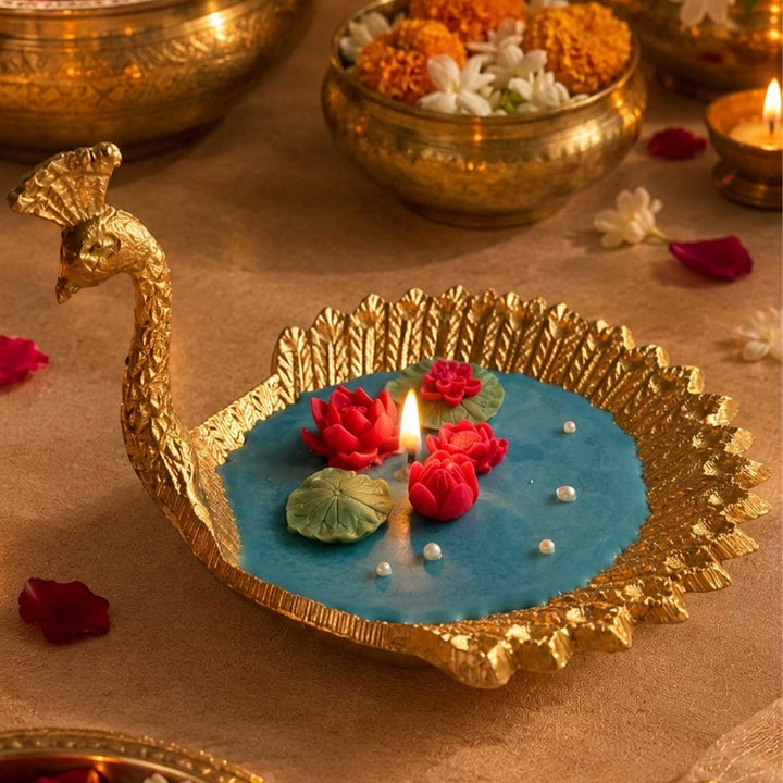Handmade Peacock Lotus Pond Blue Soy Wax Urli Candle With Mogra Fragrance For Festive Decor