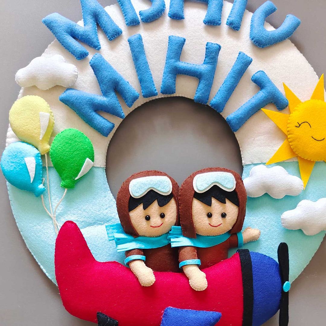 Personalized Plane Theme Felt Kids Name Plate For Siblings - Close-up of Front Hanging View