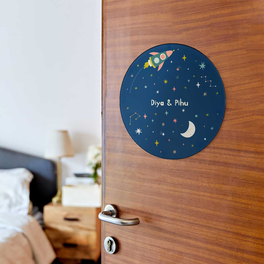 Personalized Twinkling Stars Theme Acrylic Kids Name Plate - Mounted on Door at Eye Level