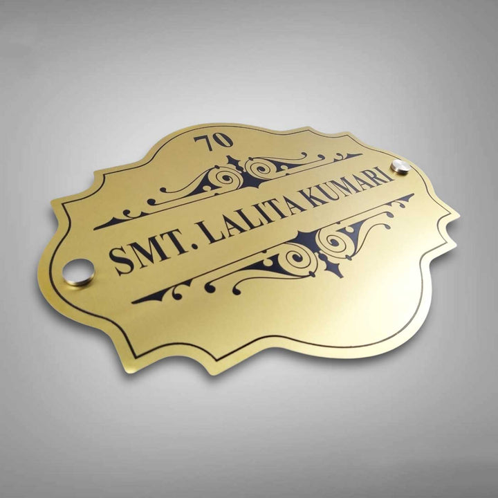 Personalized Weatherproof Elegant Gold Stainless Steel Name Plate 2 - Angled Top View Showing Details