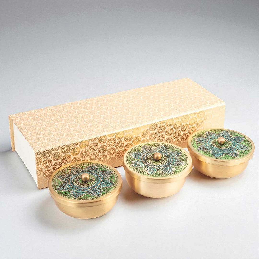 Hand-Painted Vrinda Brass Gift Hamper | Includes 3 Containers And 1 Gift Box