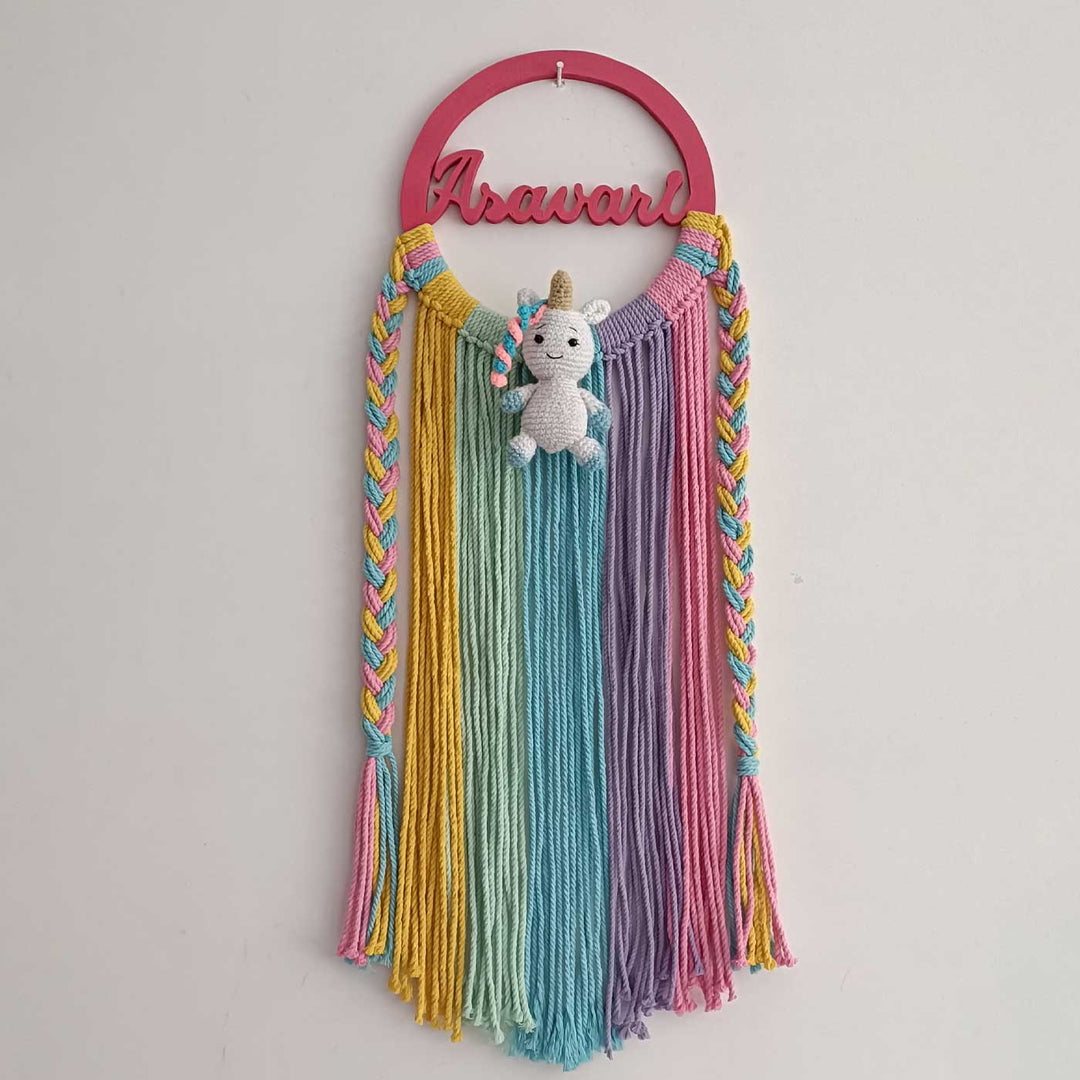 Personalized Multicolour Macrame Unicorn Theme Name Plate - Hanging on White Wall Background