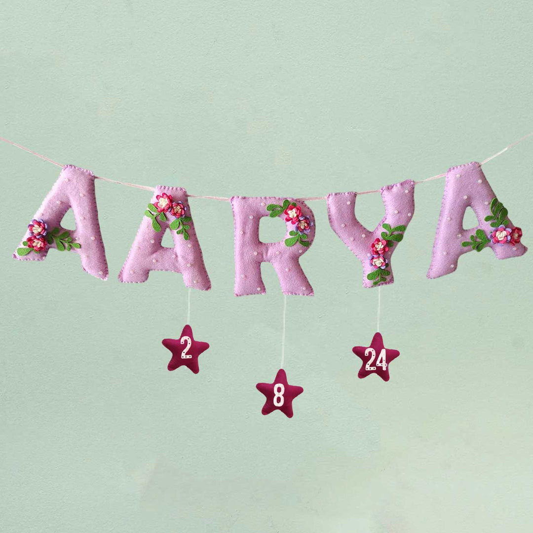 Personalized Handmade Flower And Pearl Embellished Felt Bunting - Name Banner Hanging Display