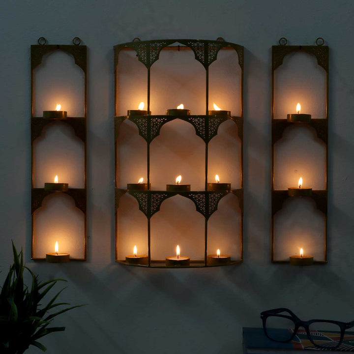 Set of 3 | Handmade Rectangular Etched Wall Mounted Metal Tealight Holders For Festive Decor