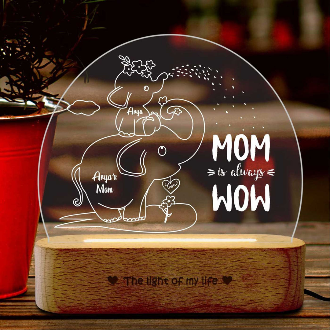 Personalized Elephant Theme "Mom Is Always Wow" Engraved Acrylic Lamp For Mothers