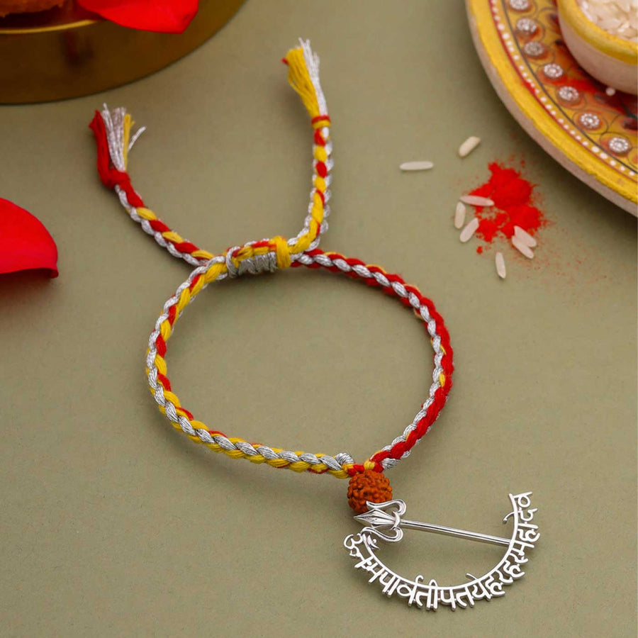 Handmade Mahadev Mantra Silver Lumba Rakhi For Bhabhi - Braided Band with Ornament