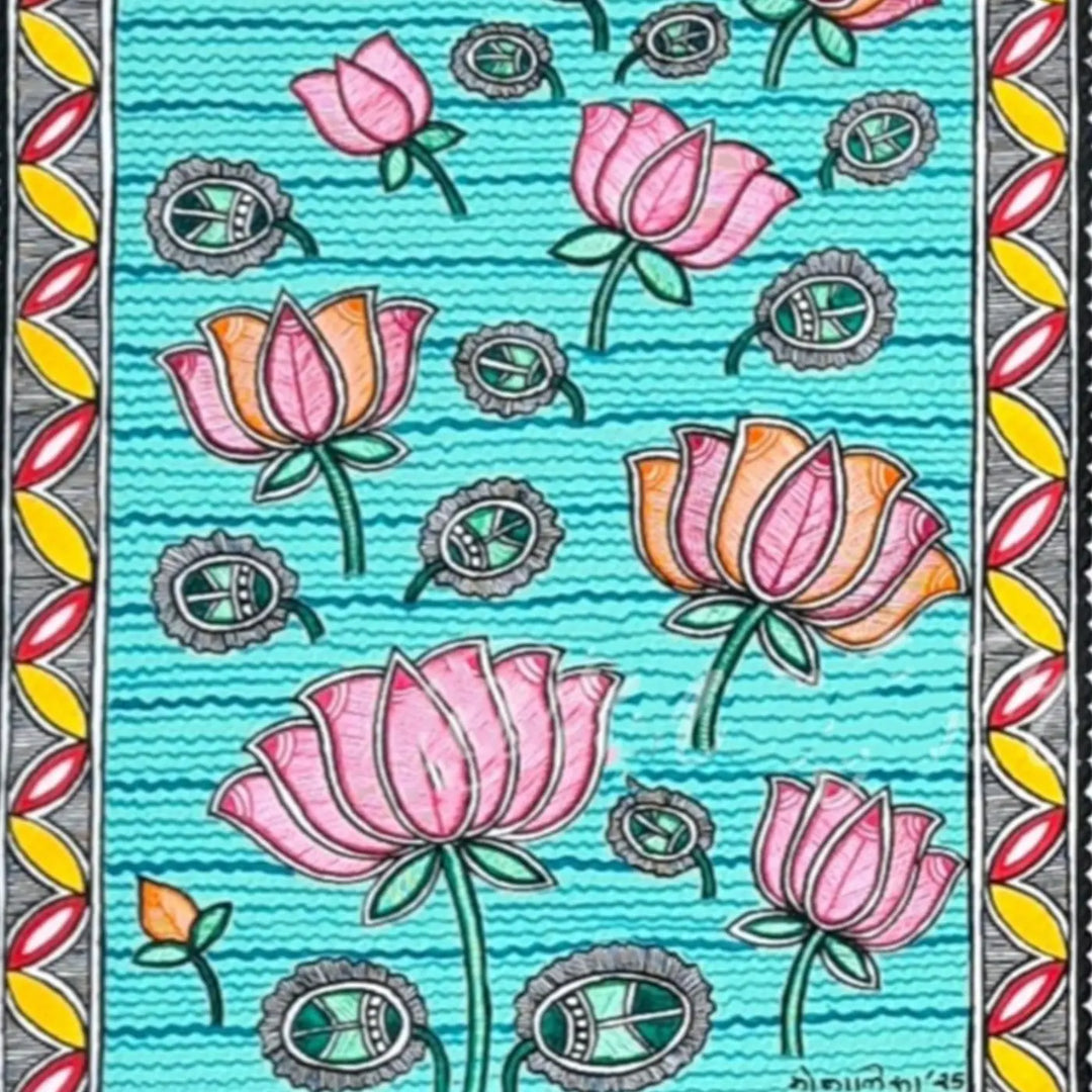 8 x 11 Inch | Petals & Ripples | Original Hand Painted Madhubani Painting On Paper
