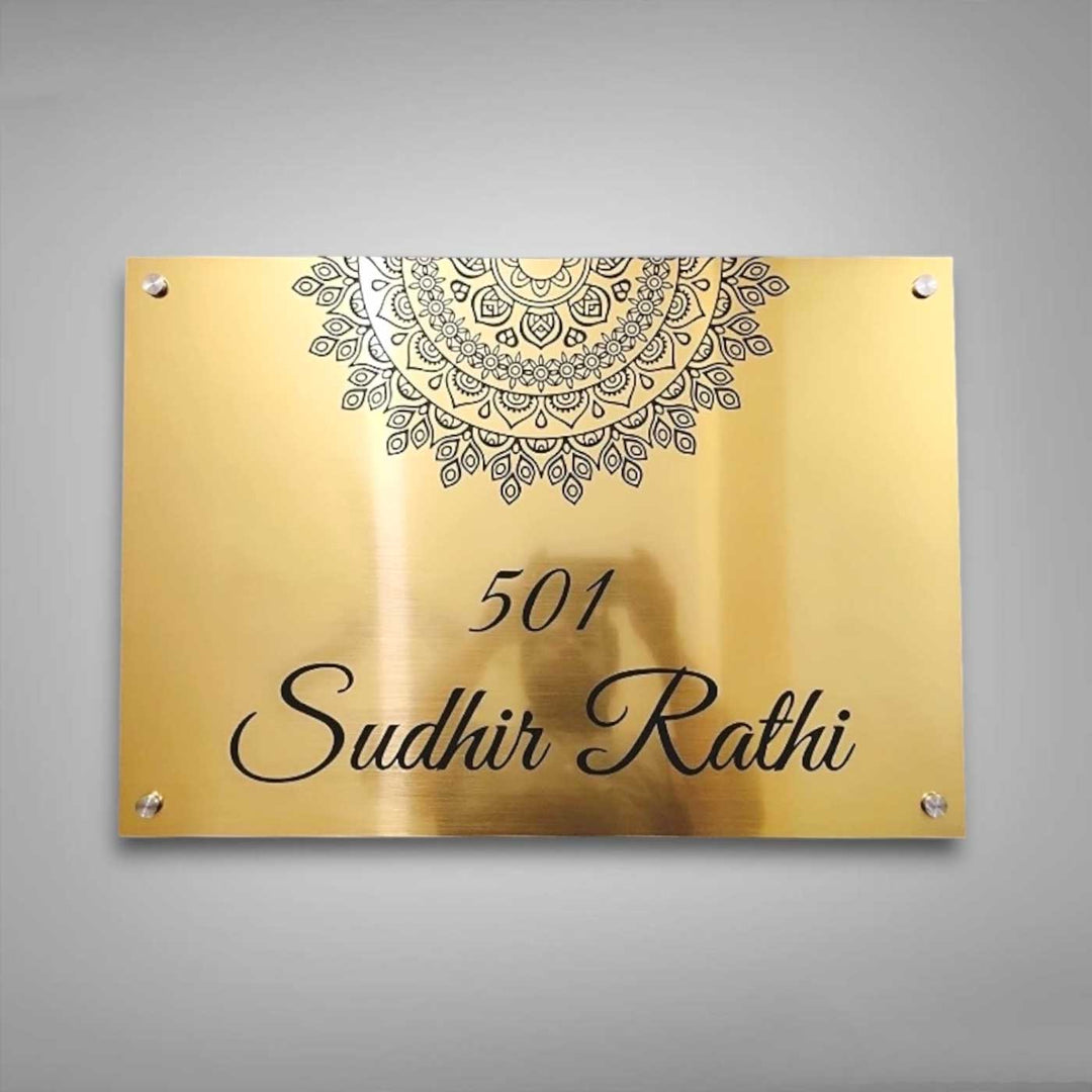 Personalized Weatherproof Stylish Gold Stainless Steel Name Plate - Front View Mounted with Screws