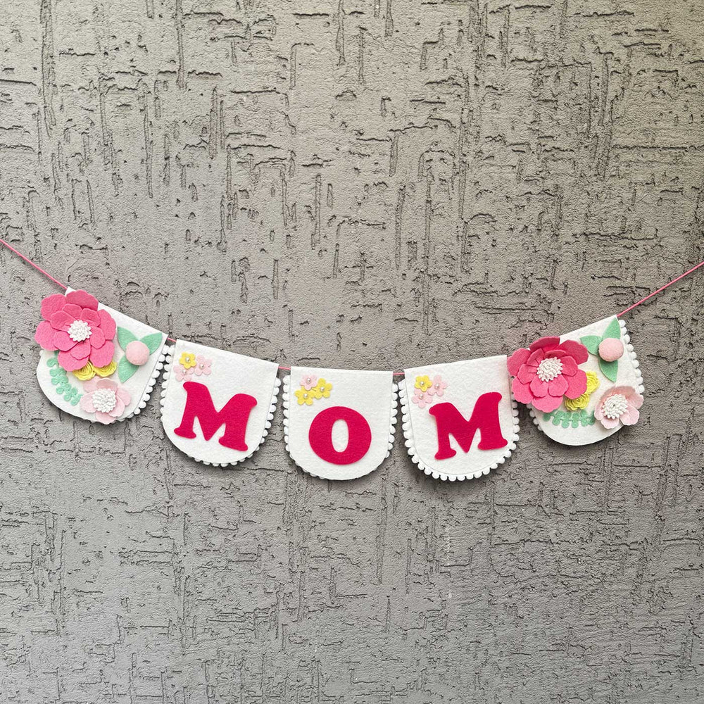 Personalized Handmade Floral Theme Felt Bunting - Front View Hanging on Wall
