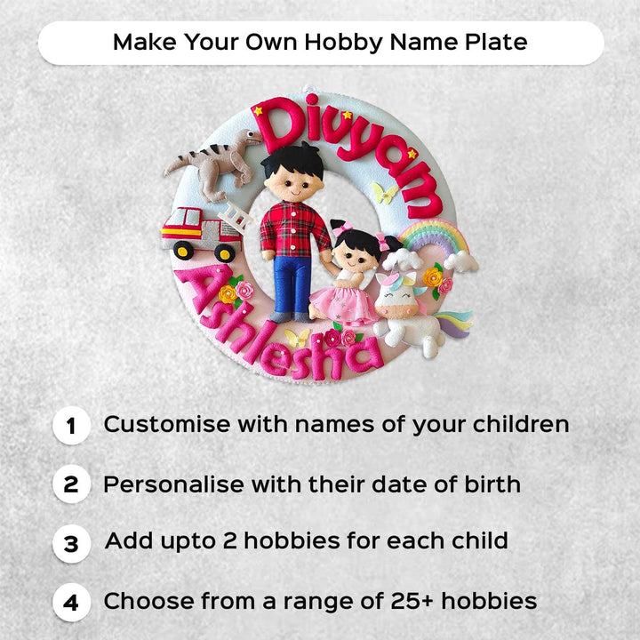 Hand Stitched Hobby Themed Round Felt Kids Name Plate For Siblings 1 - Name Personalization Example with Decorations