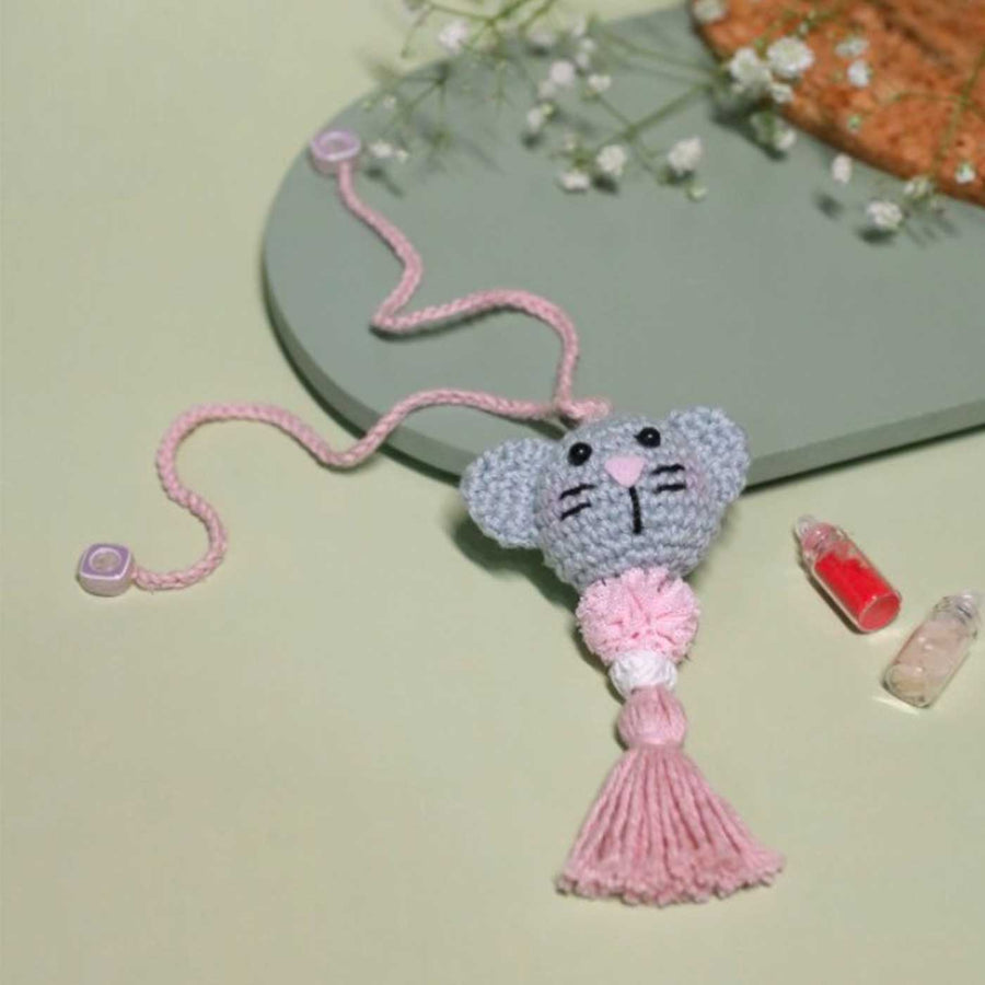 Handmade Crochet Kitty Kisses Kids Lumba Rakhi With Roli Chawal - Close-up with embellishments