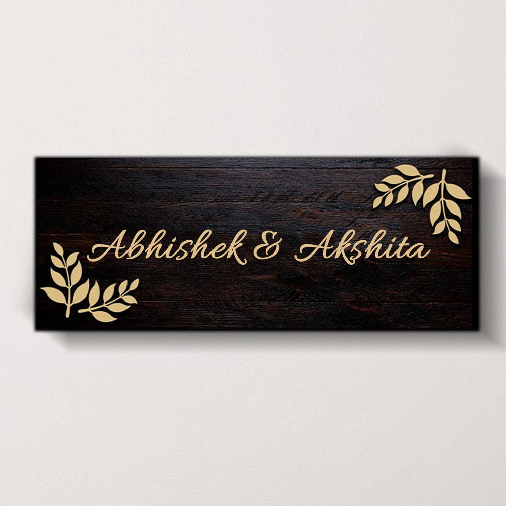 Personalized Printed Wooden Floral Nameplate For Couples - Front View Name Personalization Example