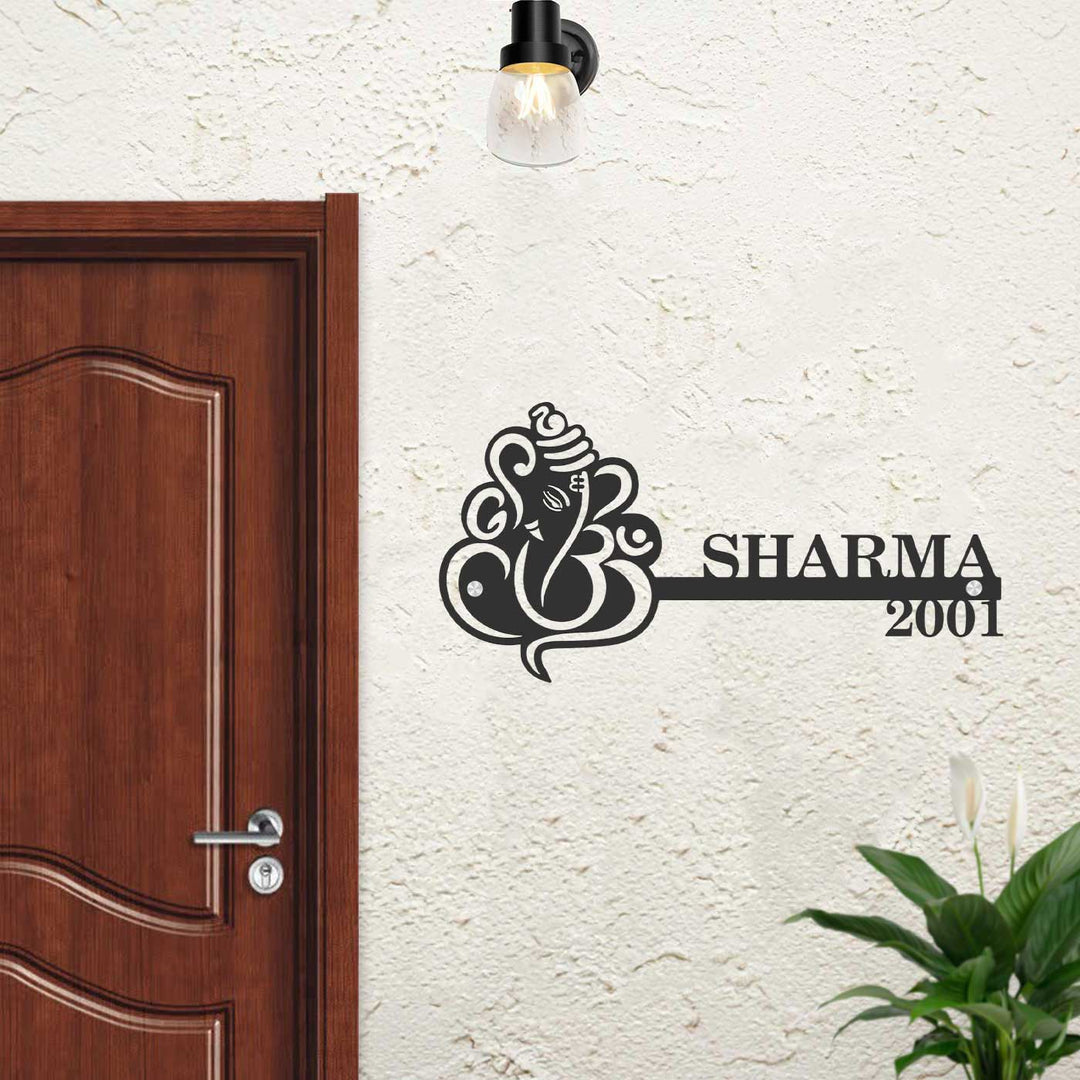 Personalized Ganesha Laser Cut Metal Name Plate - Mounted on Wall Next to Door