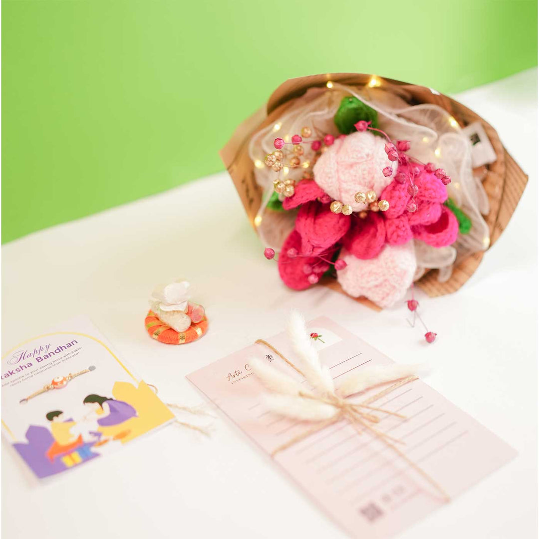 Personalized Handmade Crochet Pretty Pansy Rakhi Hamper Includes 1 Crochet Flower Bunch 1 Message Card And 1 Rakhi And Roli Chawal - Product contents layout