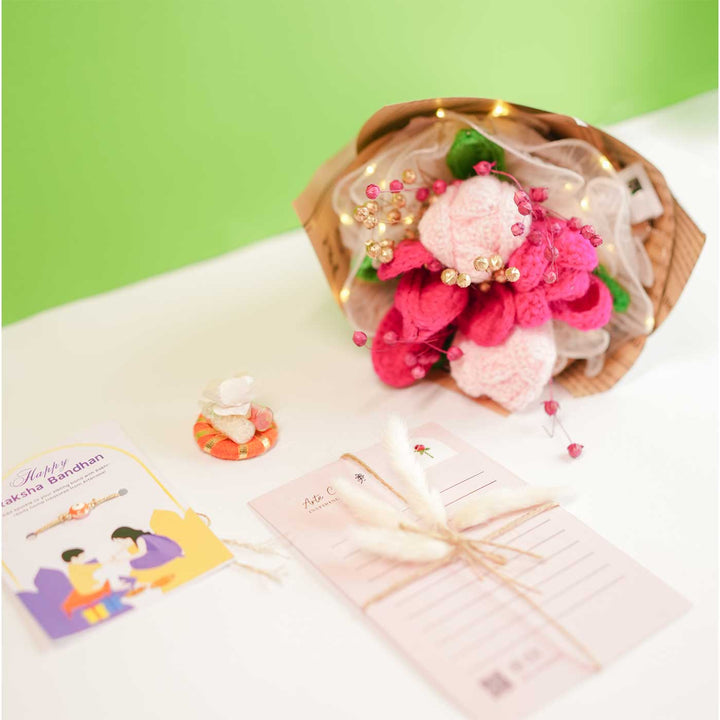 Personalized Handmade Crochet Pretty Pansy Rakhi Hamper Includes 1 Crochet Flower Bunch 1 Message Card And 1 Rakhi And Roli Chawal - Product contents layout